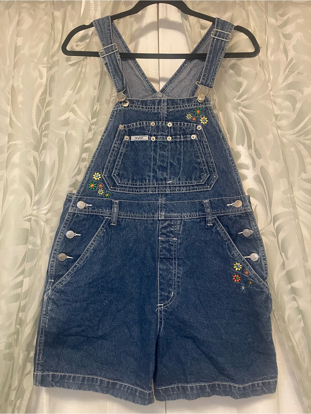 Vintage Revolt Short Denim Floral Overall Romper - Dark Blue